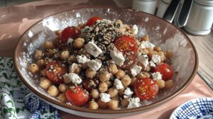bowl with chickpeas, feta cheese, tomatoes and seeds, dressing, mixed togehter
